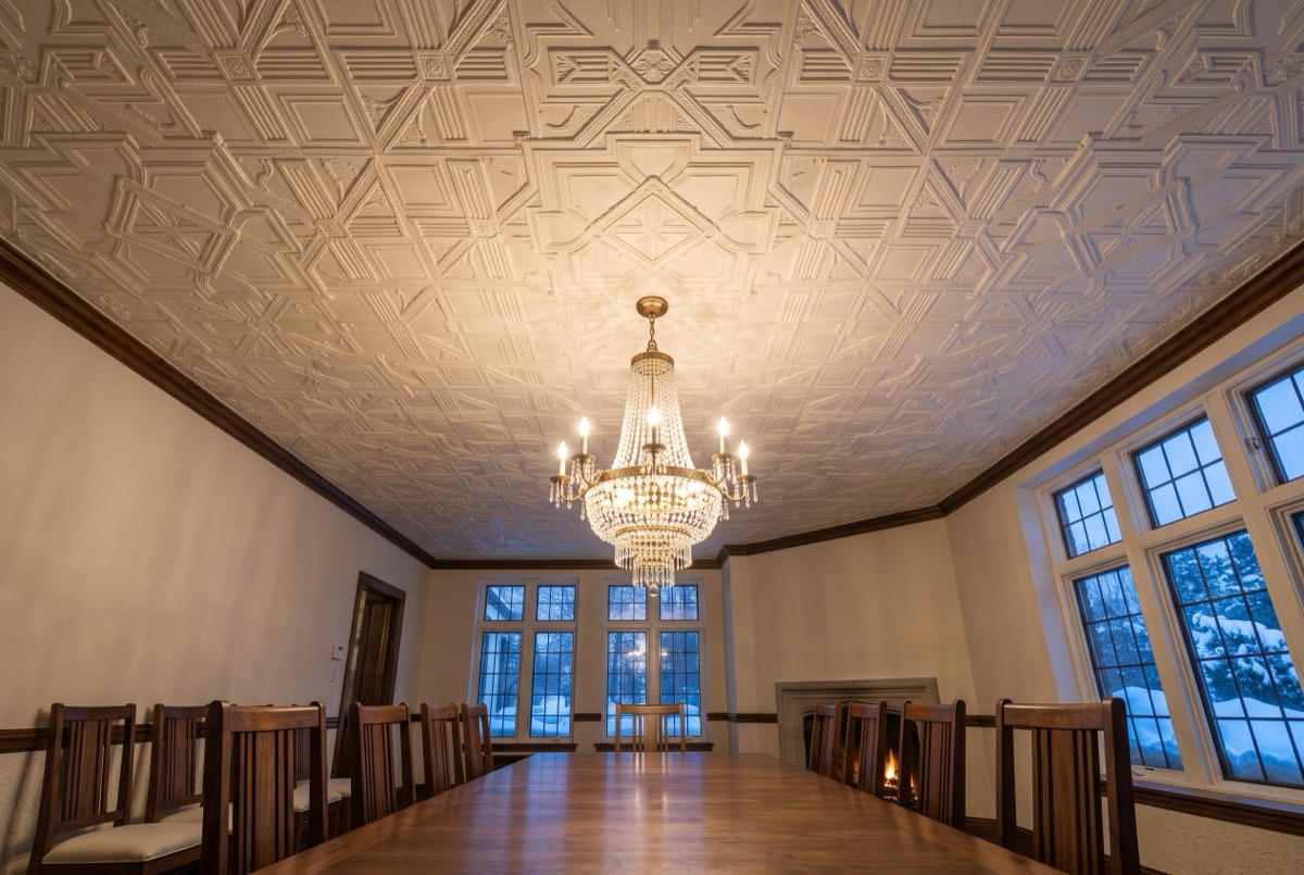 Painted embossed relief wallcovering across a dining room ceiling, Park City, Utah
