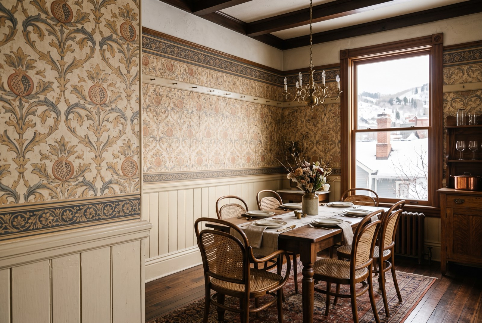 Archival document-print wallpaper with a printed frieze above a picture rail in a period dining room, Park City, Utah