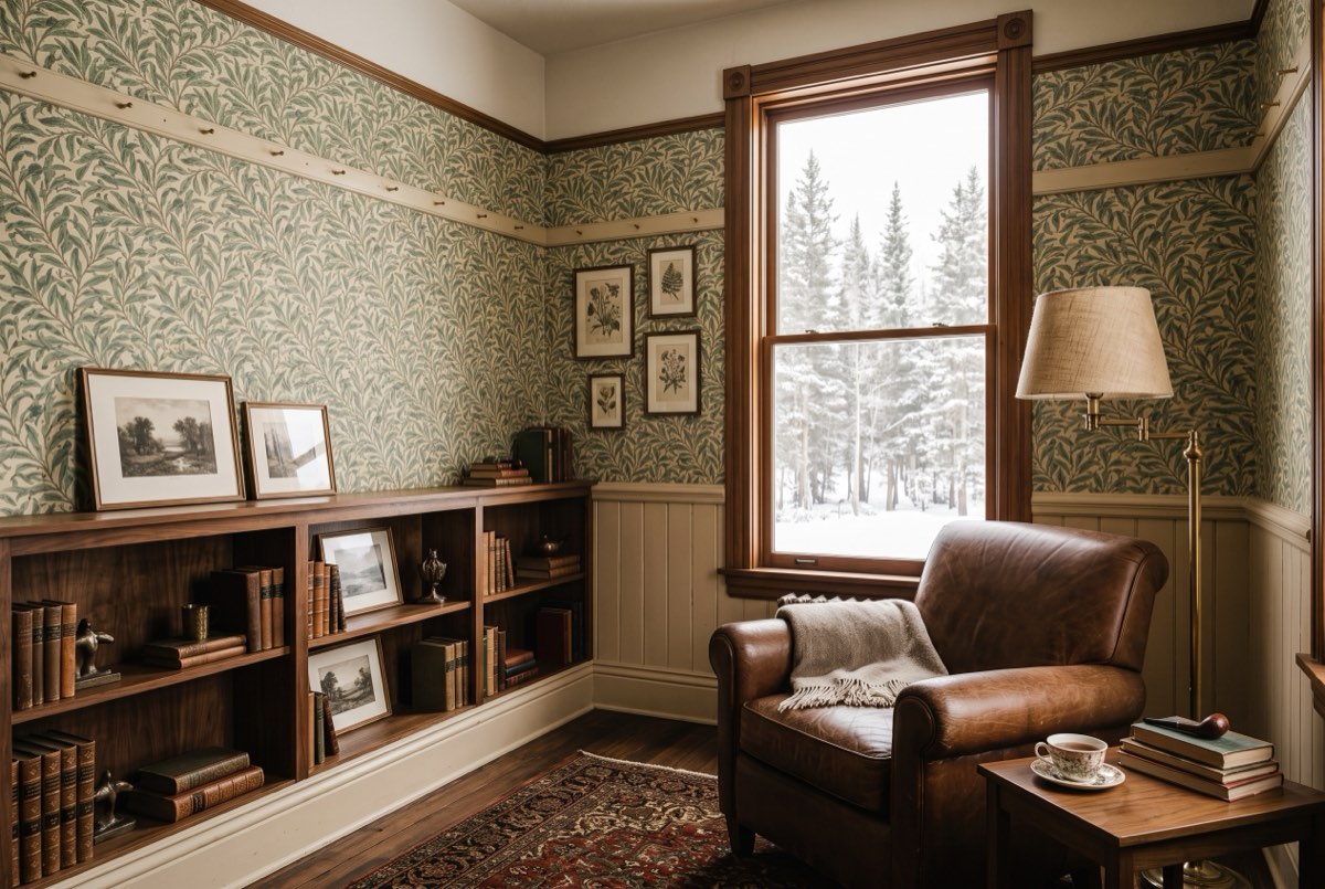 Arts and Crafts willow-bough archival reprint across a library, Park City, Utah