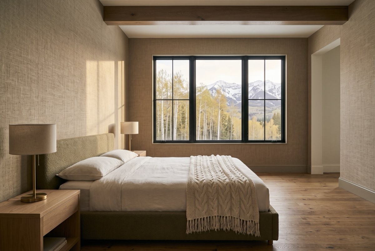 Belgian linen wallcovering across a primary bedroom headboard wall, Park City, Utah