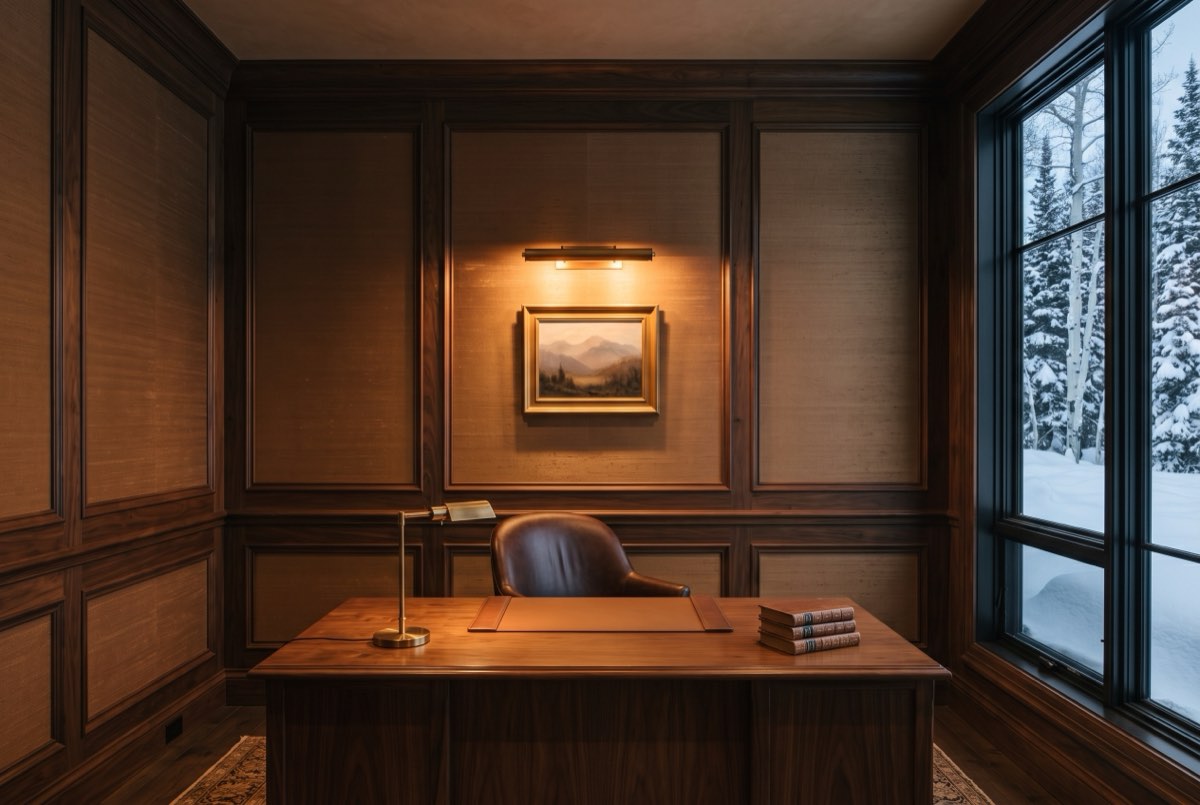 Bronze silk wallcovering inside millwork panels in a study, Park City, Utah