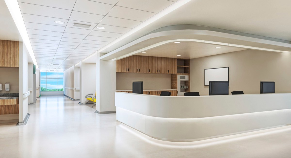 Healthcare reception desk area with Type II wallcovering, Utah, installed by Mancini Wallpapers