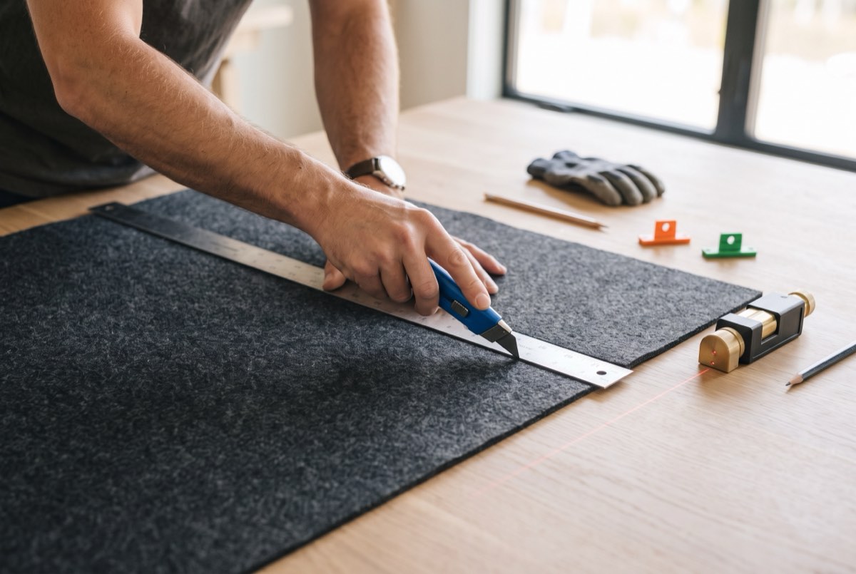 Hands cutting wool felt against a straightedge with a fresh blade, installation, Utah
