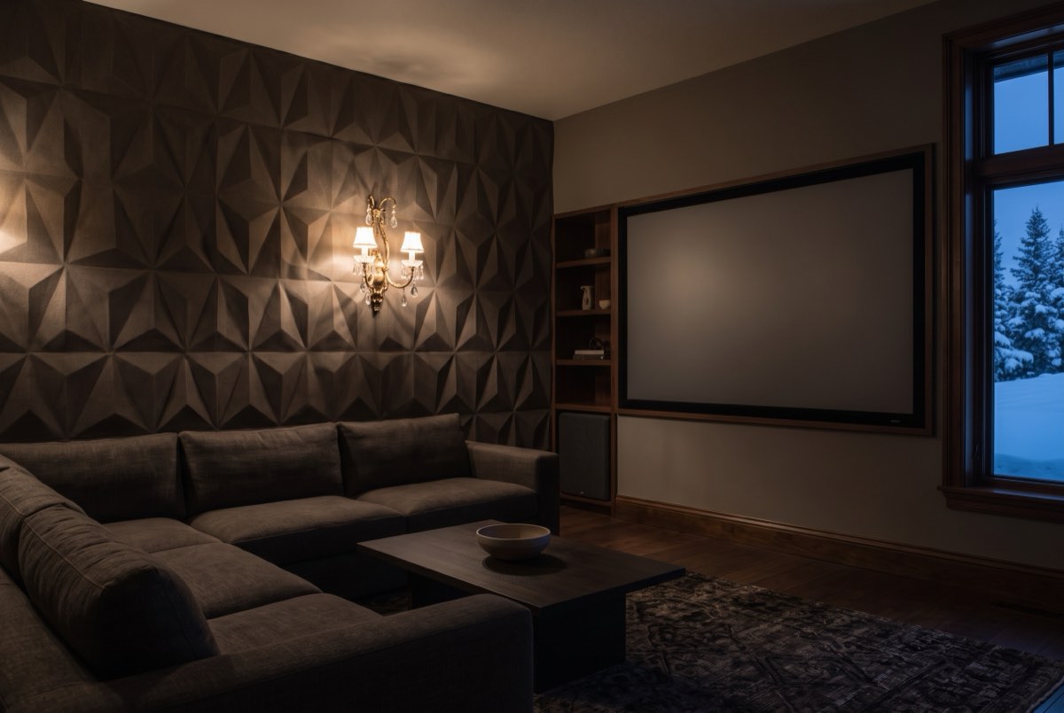 Dimensional geometric non-woven wallcovering on a media room feature wall, Promontory, Utah