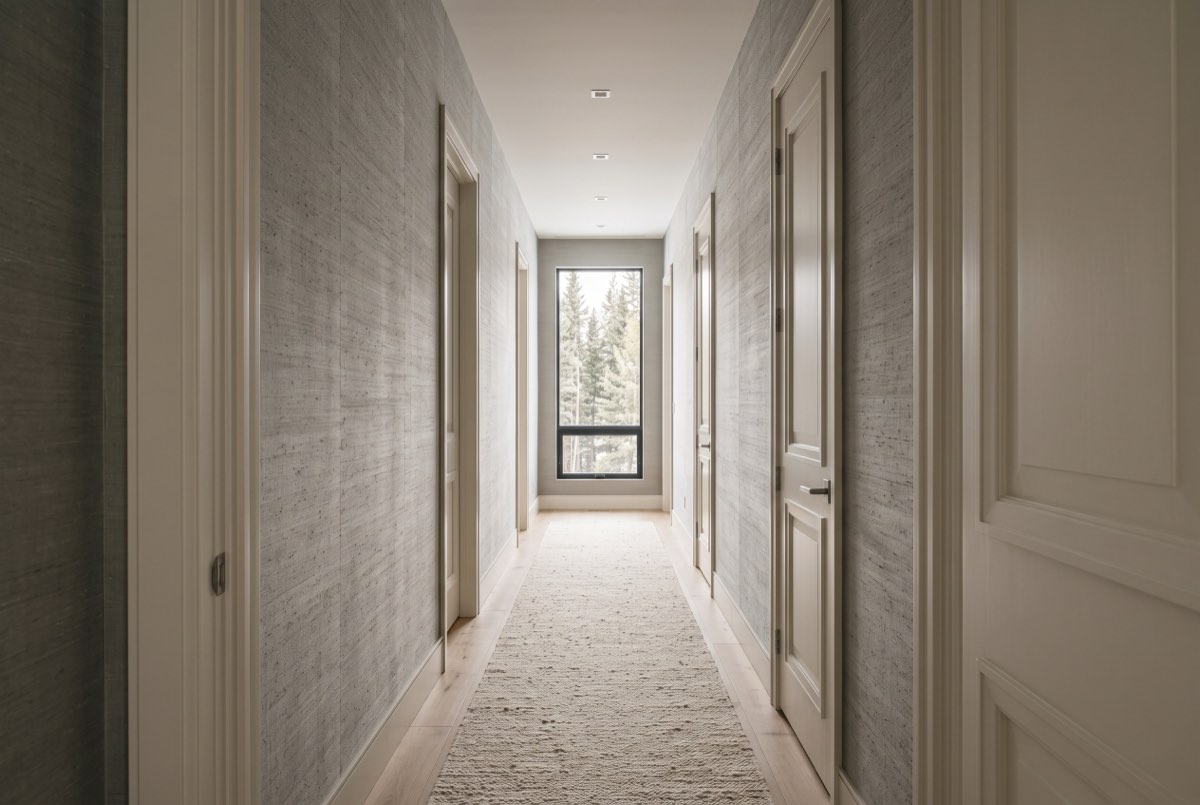 Dove-grey silk wallcovering along a hallway with paneled doors, Deer Valley, Utah