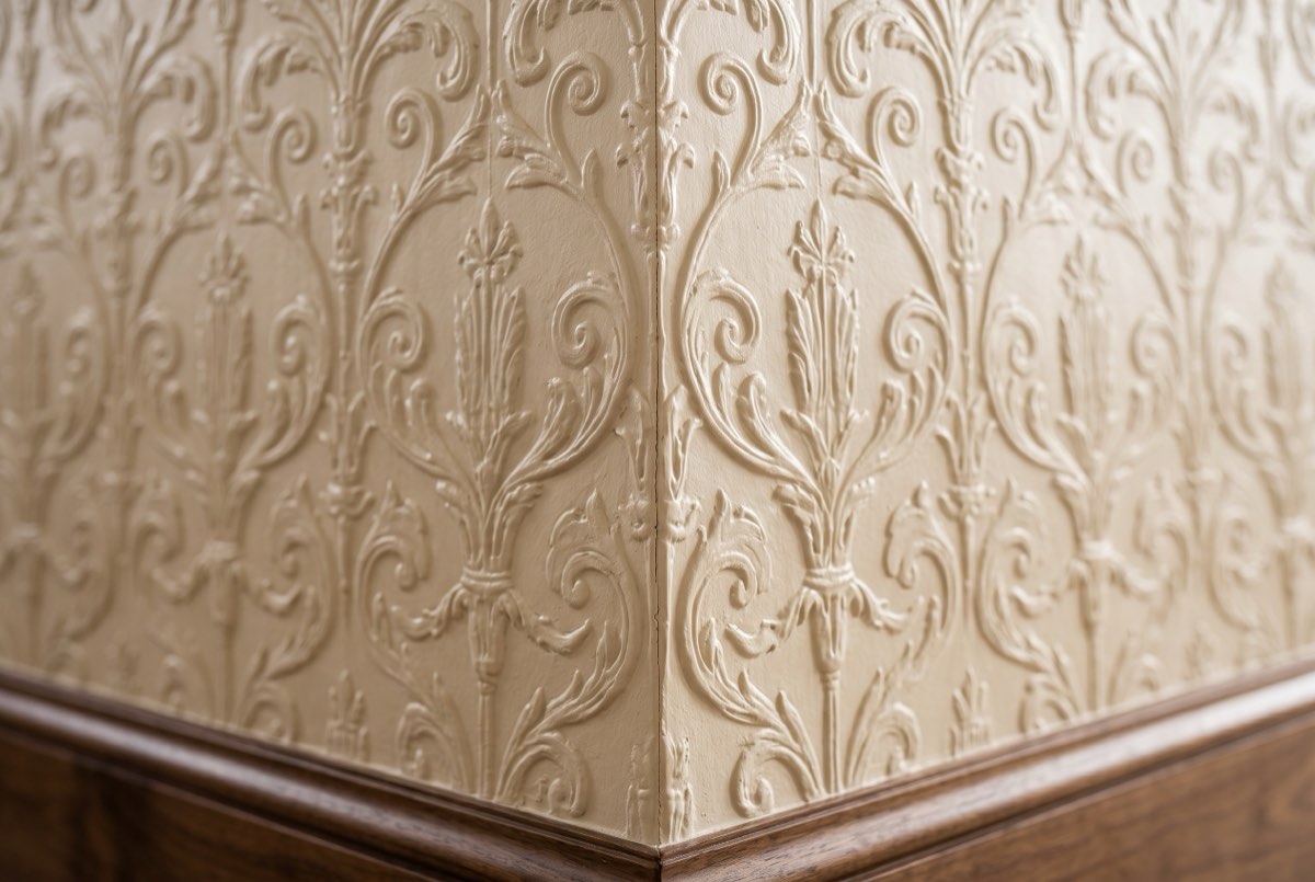 Painted embossed relief wallcovering mitred cleanly around an outside corner, detail, Park City, Utah