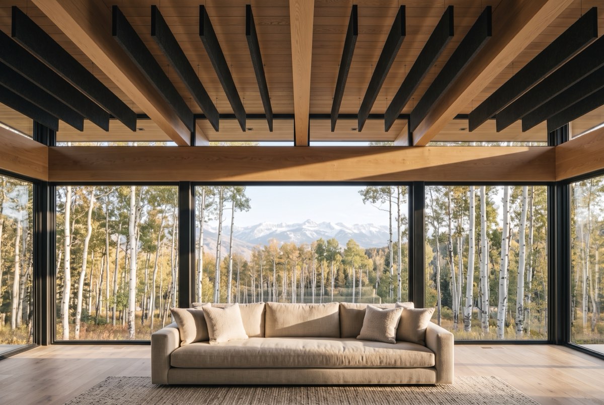 Felt acoustic ceiling baffles over a great room with tall glass, Park City, Utah