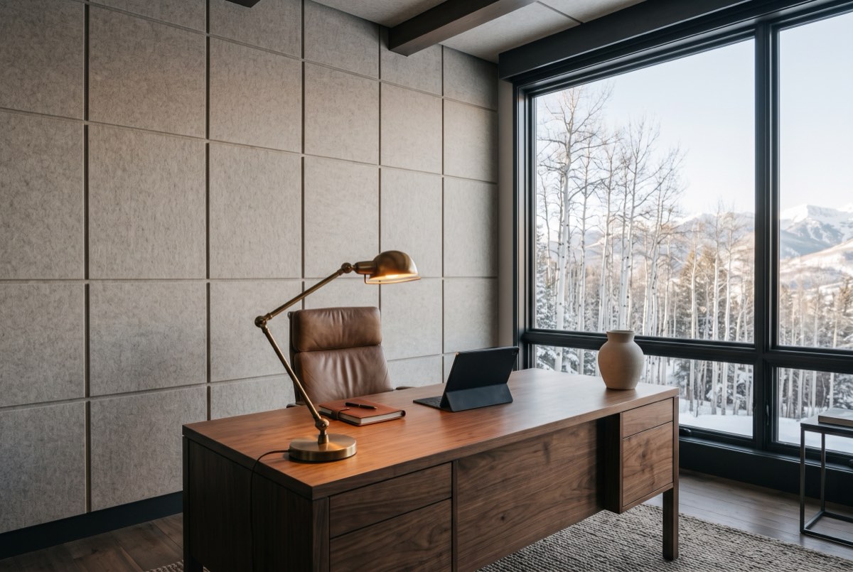 Oatmeal felt acoustic tiles behind a walnut desk in a home office, Park City, Utah