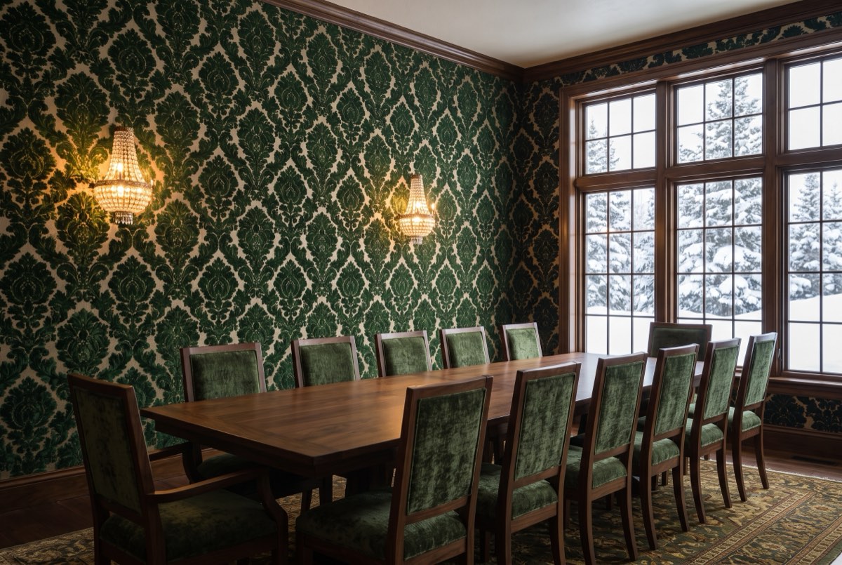 Flocked velvet damask wallpaper across a dining room, Deer Valley, Utah