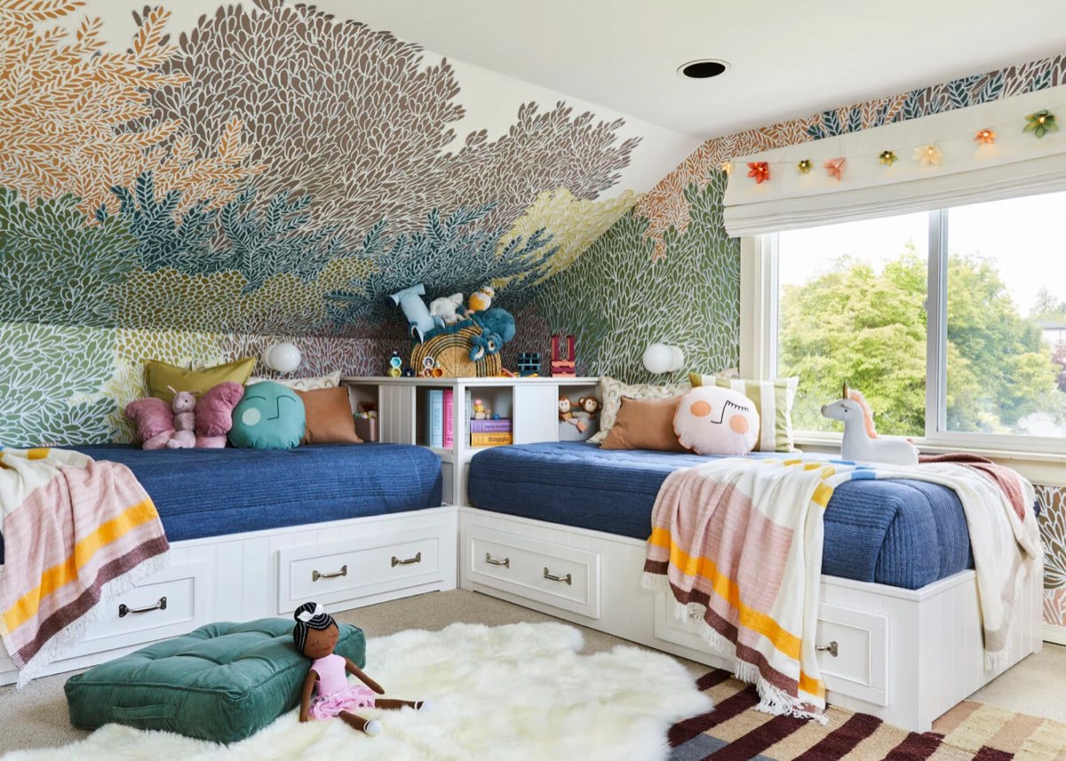 Forest mural across a children's bedroom with twin beds, Utah
