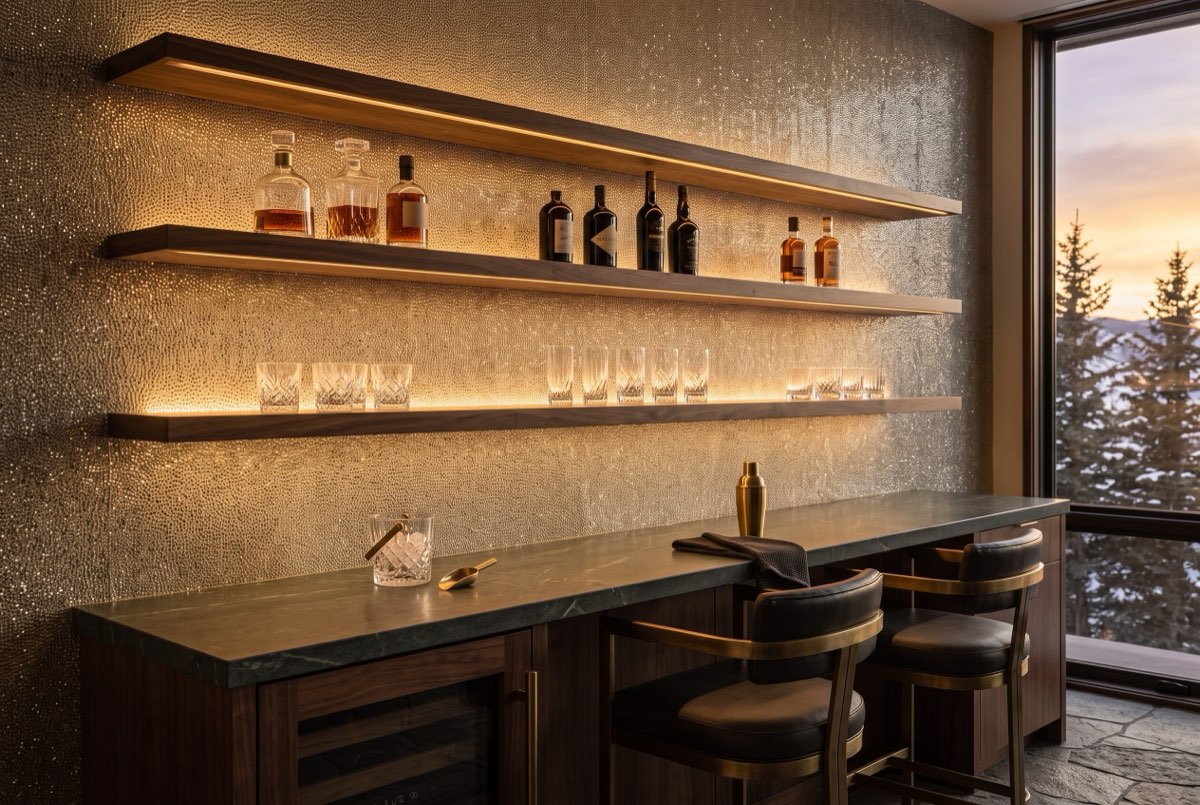 Glass-bead wallcovering behind a home bar with backlit shelves, Promontory, Utah