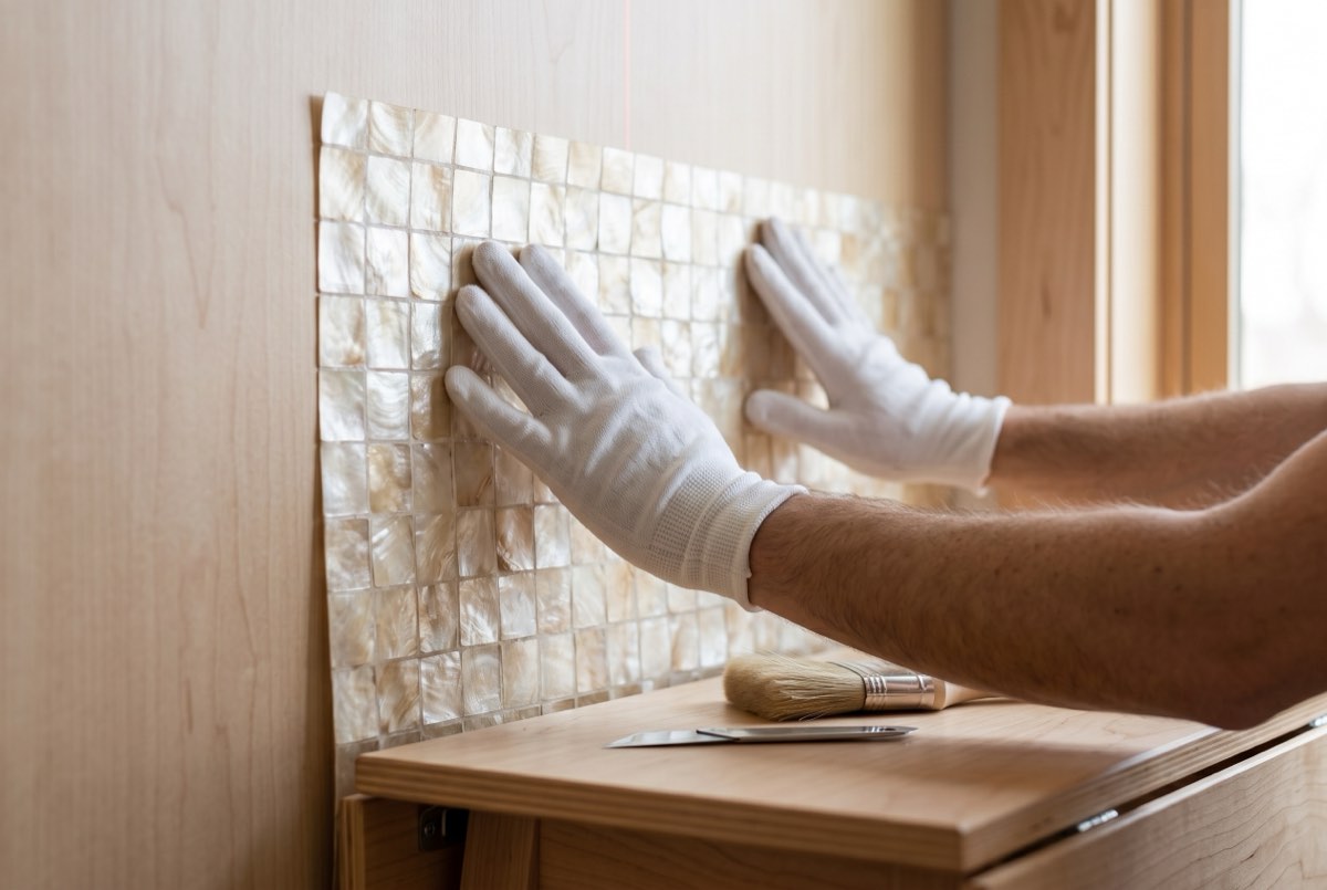Gloved hands setting a capiz shell wallcovering sheet, installation, Utah