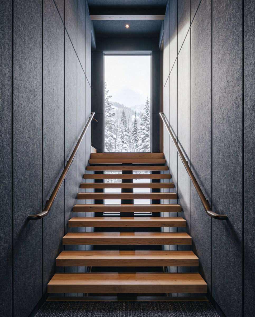 Tall graphite felt panels up a stair hall wall, Park City, Utah