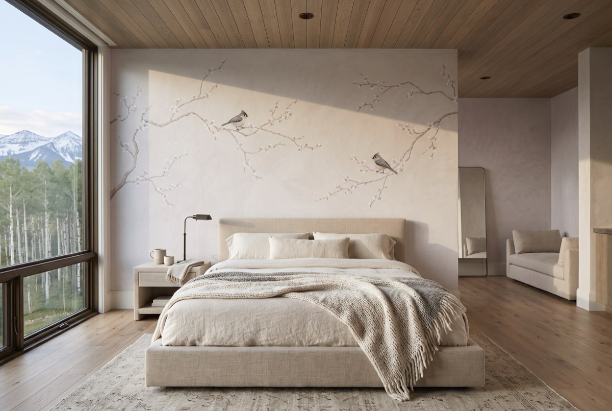 Hand-painted blossom branches on a primary bedroom headboard wall, Park City, Utah