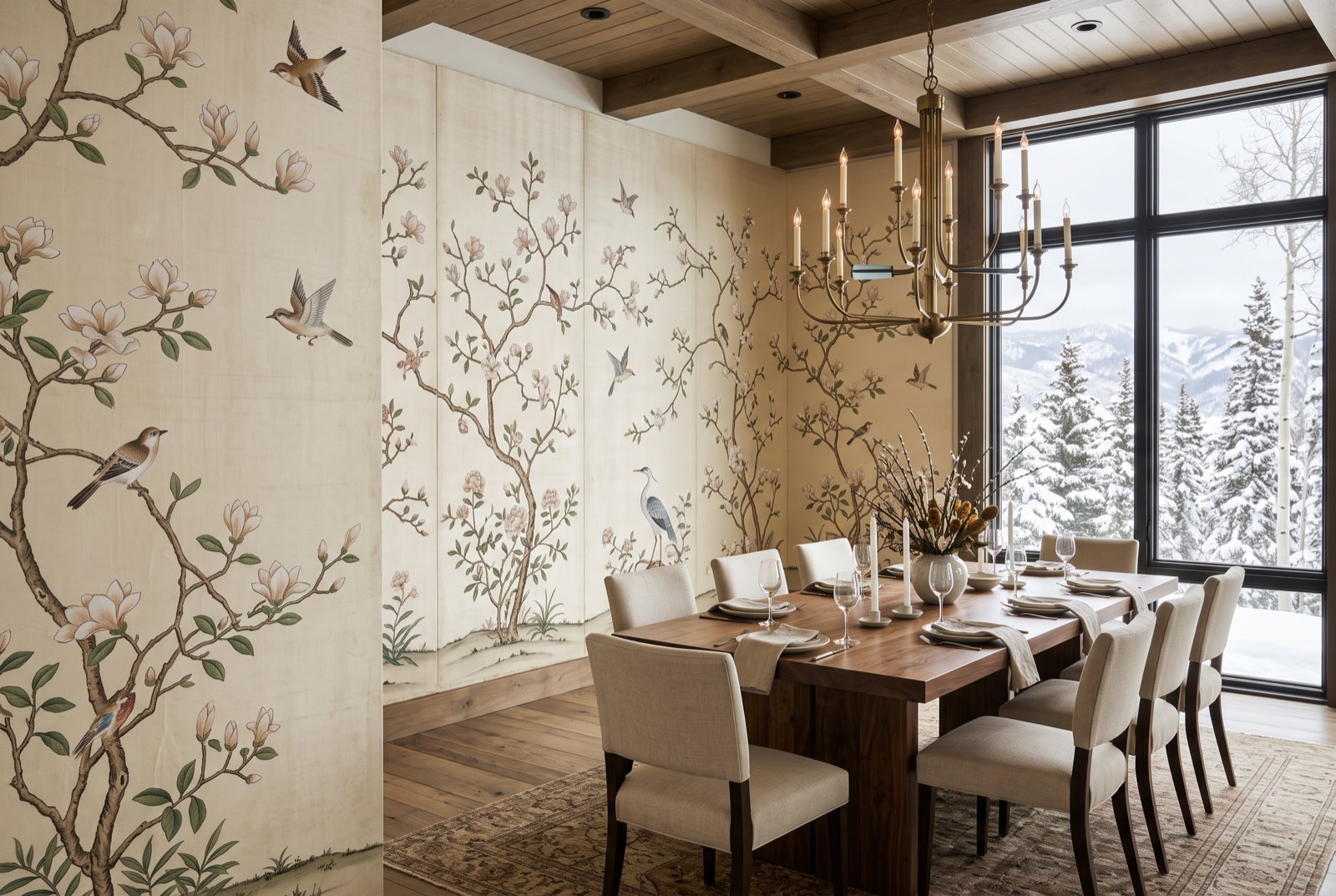 Hand-painted chinoiserie panels with magnolia branches and birds across a dining room, Park City, Utah