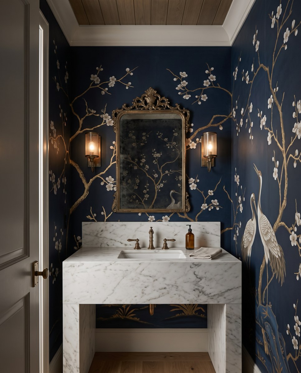 Hand-painted midnight-blue chinoiserie with gilded branches and cranes in a powder room, Deer Valley, Utah