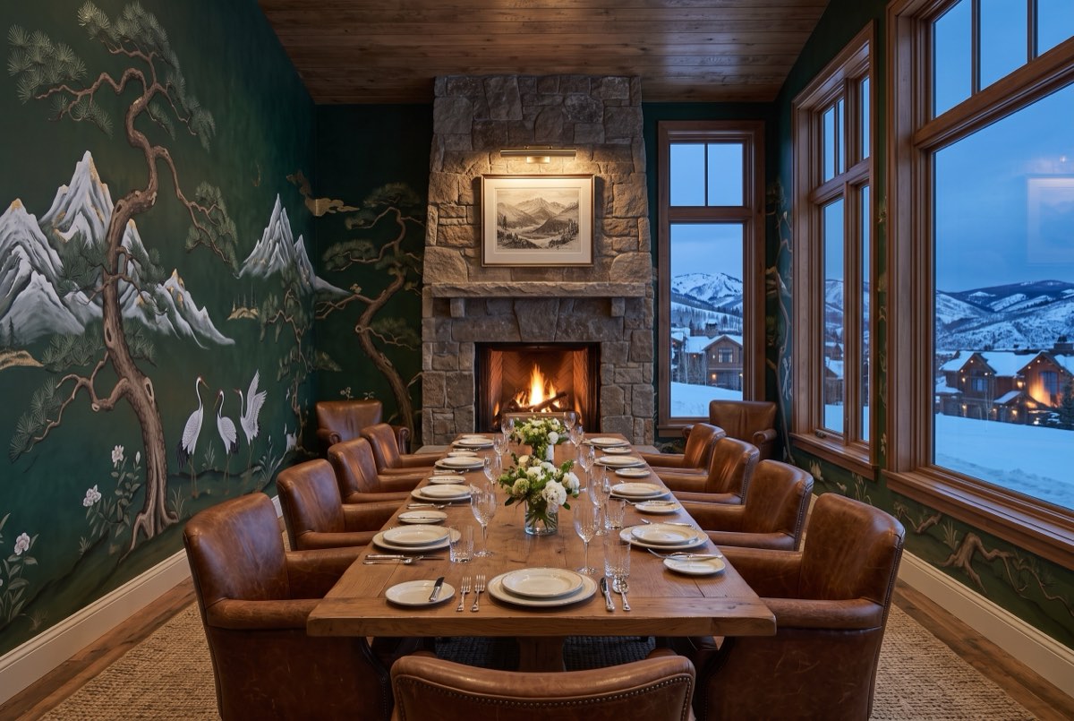 Hand-painted chinoiserie with pines and cranes in a ski-lodge private dining room, Deer Valley, Utah