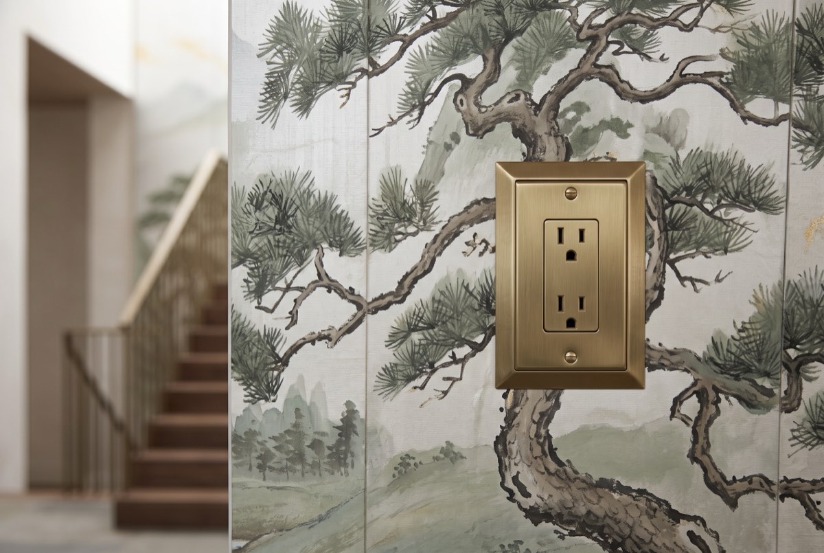 Hand-painted wallcovering cut cleanly around a brass outlet plate with the branch continuing past it, Park City, Utah