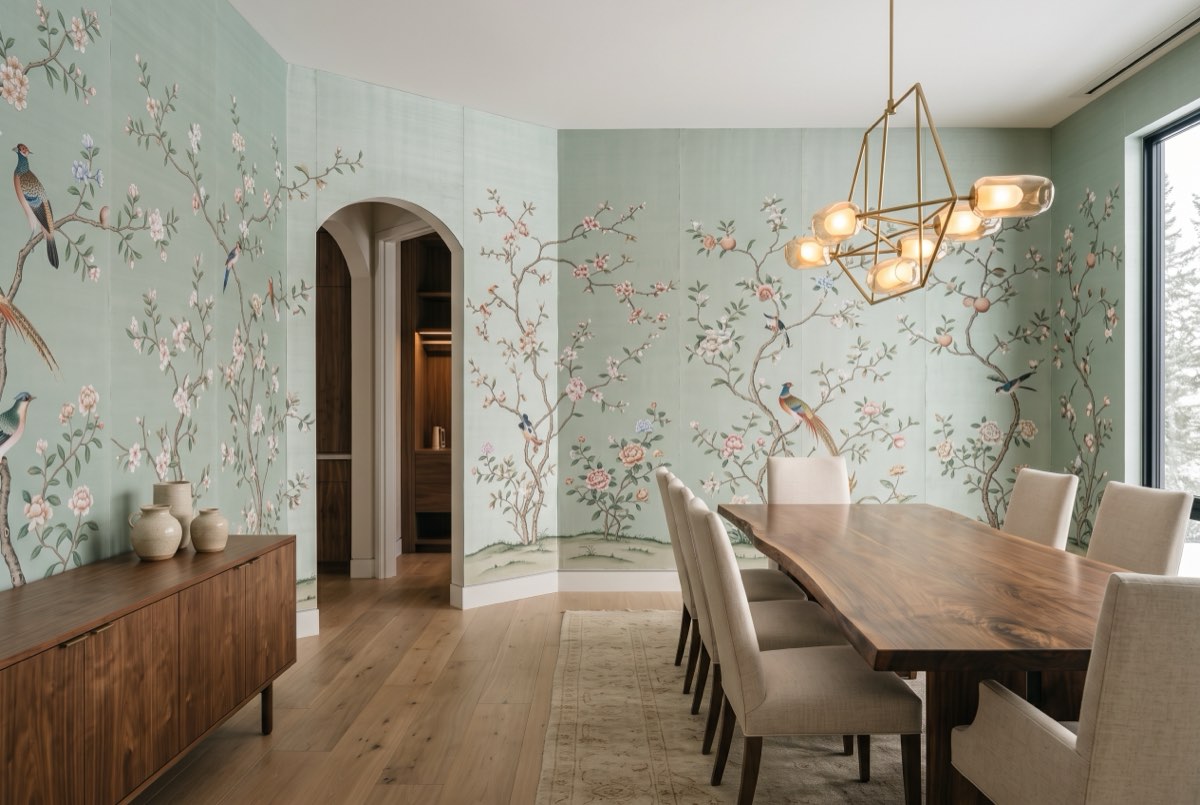 Hand-painted silk chinoiserie panels across a dining room, Park City, Utah