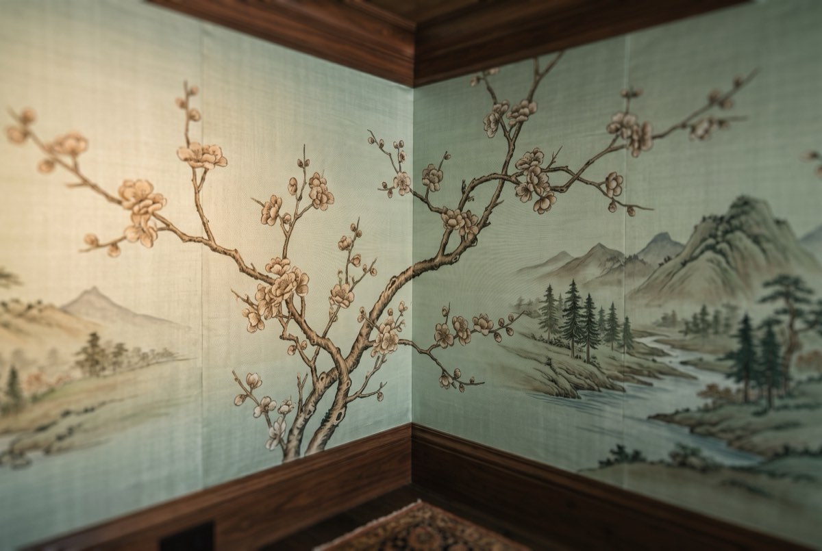 Hand-painted silk panels meeting at an inside corner with the painted branch continuing across the join, Park City, Utah