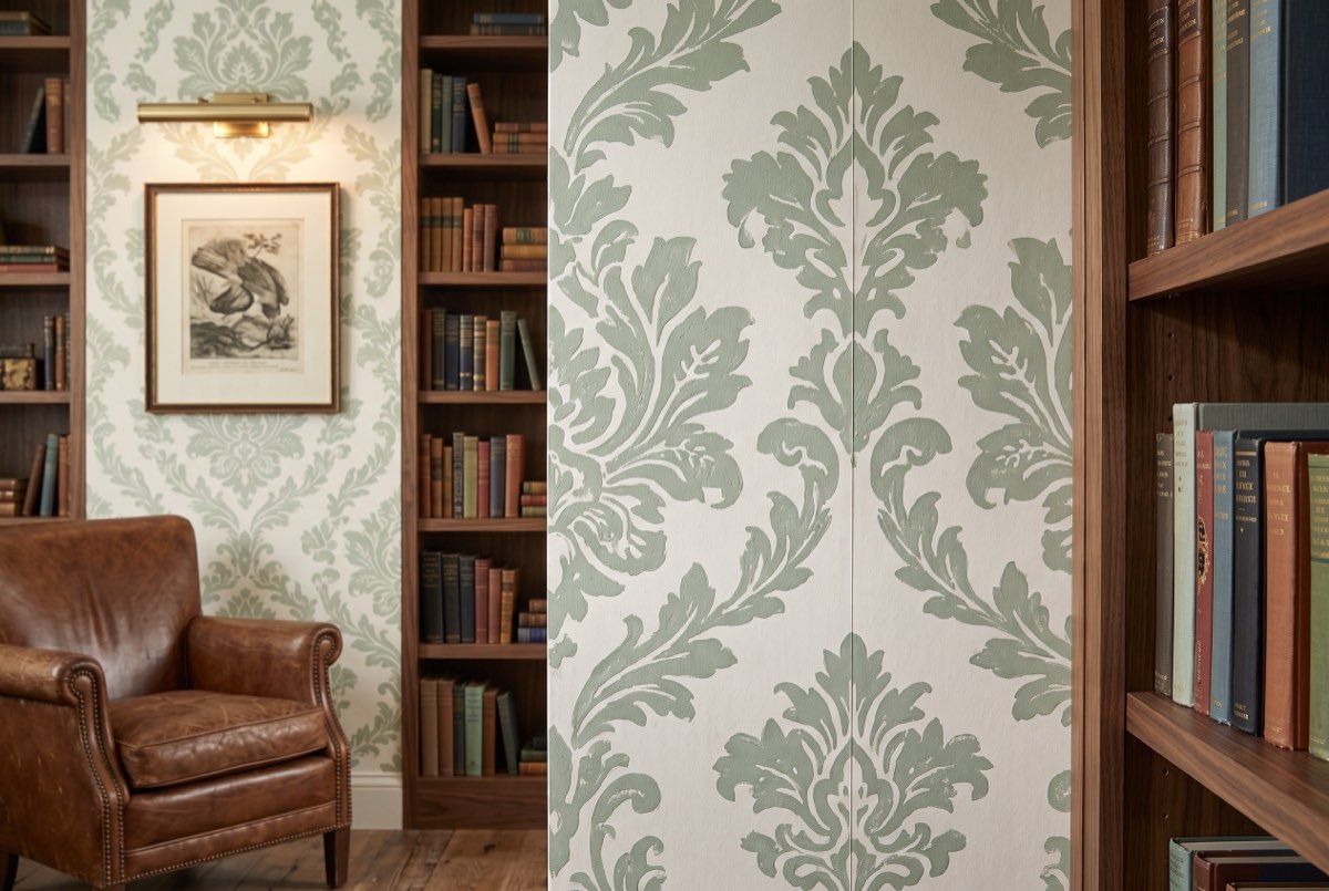 Block-printed sage damask wallpaper with visible print texture in a library, Park City, Utah