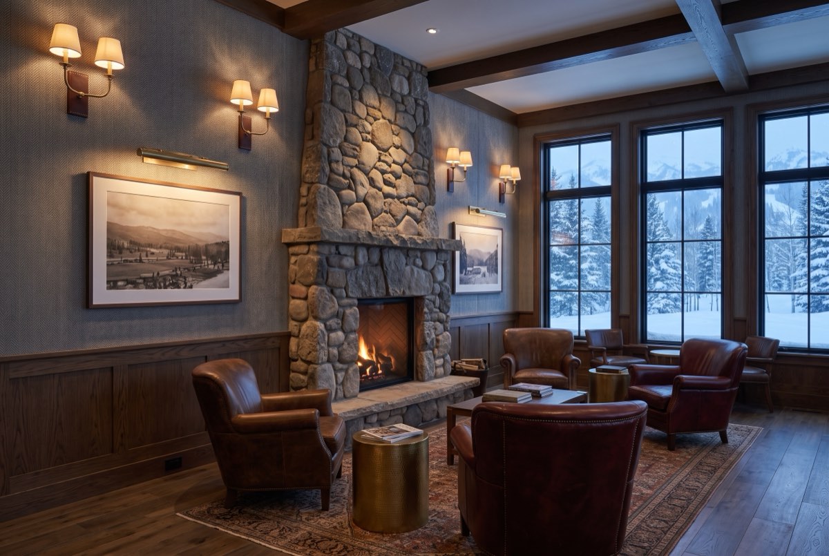 Grey herringbone wool textile wallcovering in a hotel lounge with stone fireplace, Deer Valley, Utah