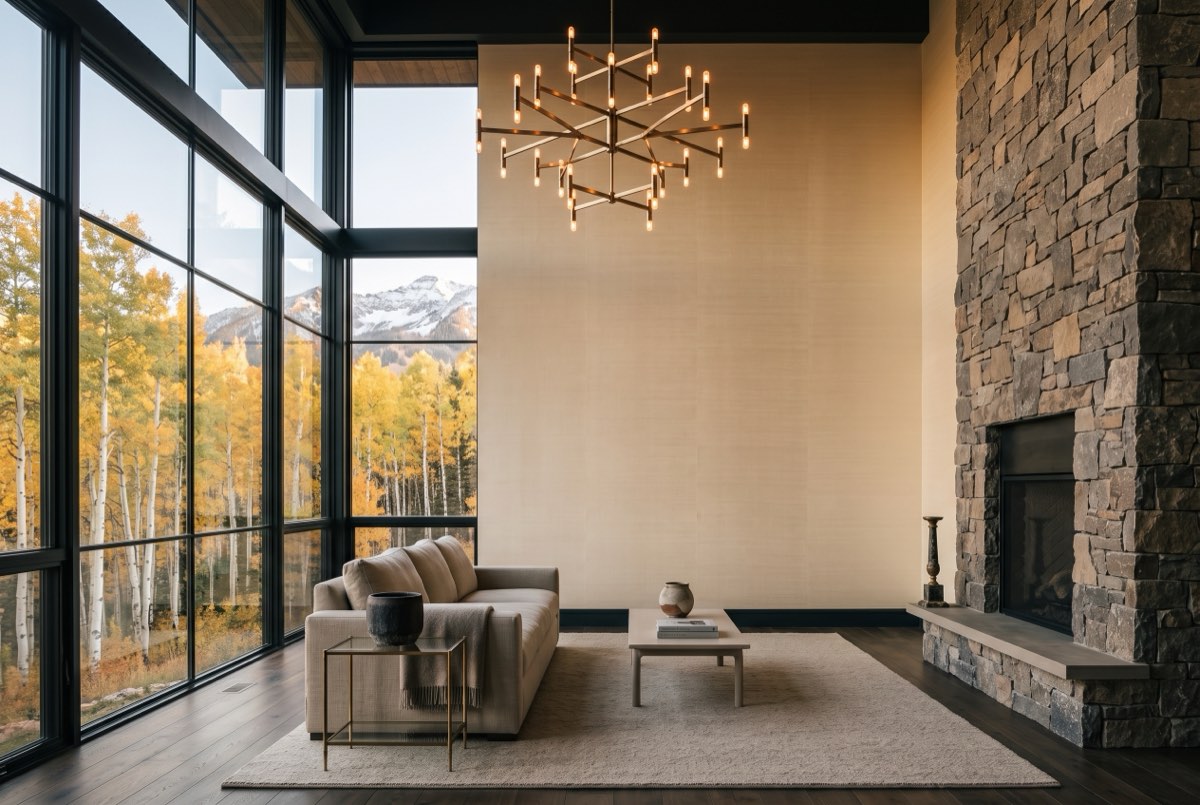 Ivory silk wallcovering on a double-height great room wall beside a stone fireplace, Promontory, Utah