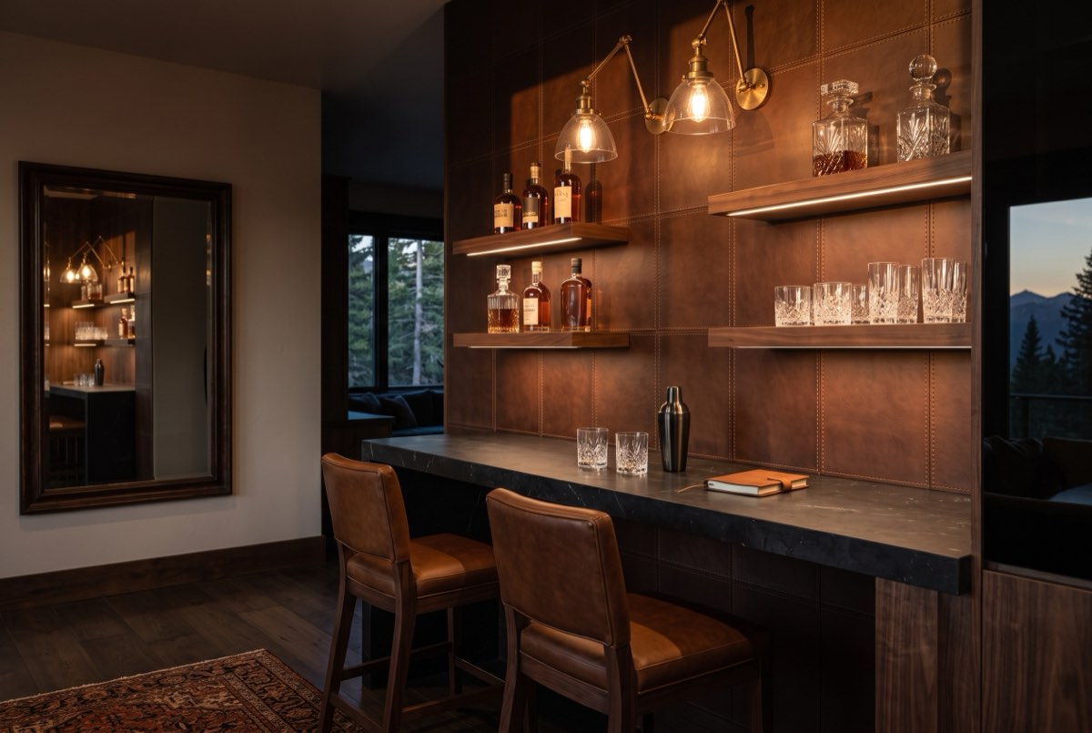 Stitched leather tile wallcovering behind a home bar with backlit shelves, Promontory, Utah