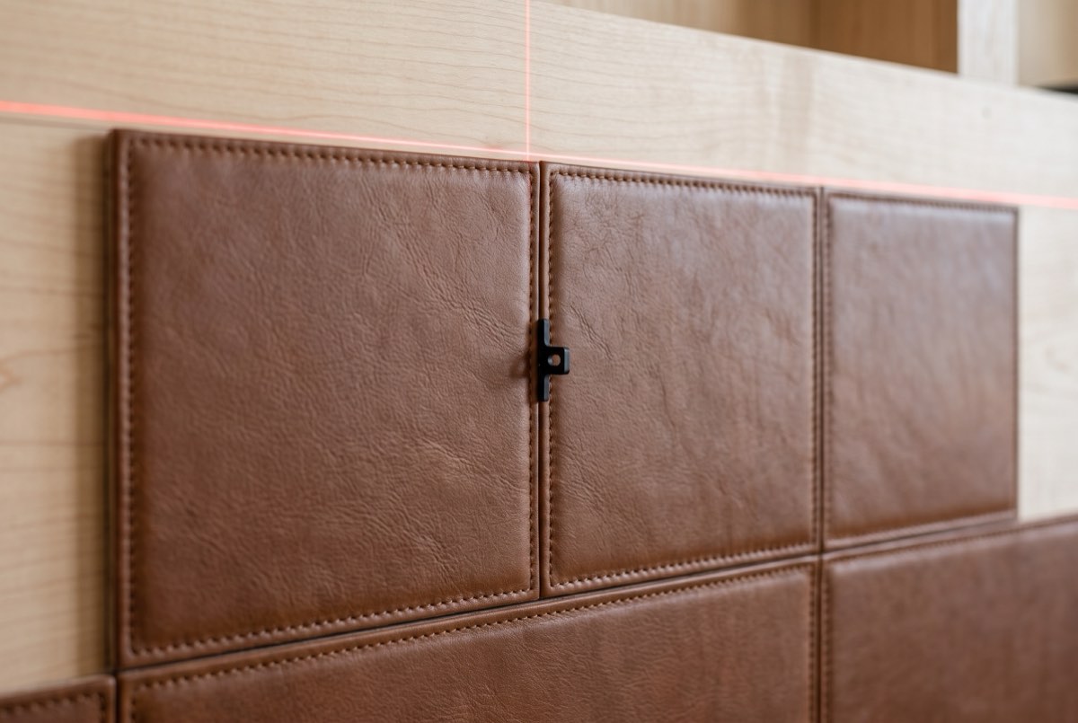 Leather wall tiles set to a laser line, layout detail, Park City, Utah