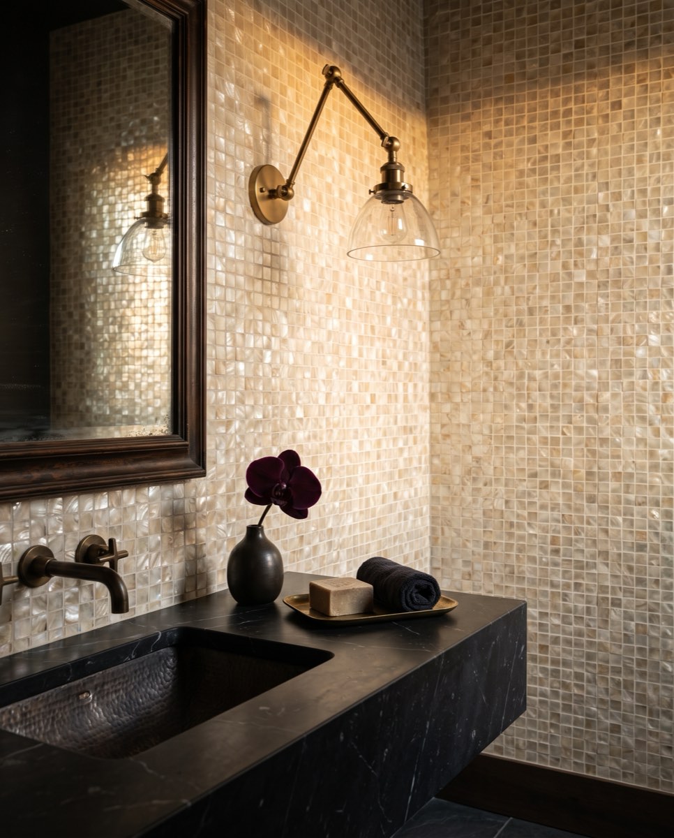 Mother-of-pearl capiz wallcovering wrapping a powder room with a brass sconce, Deer Valley, Utah