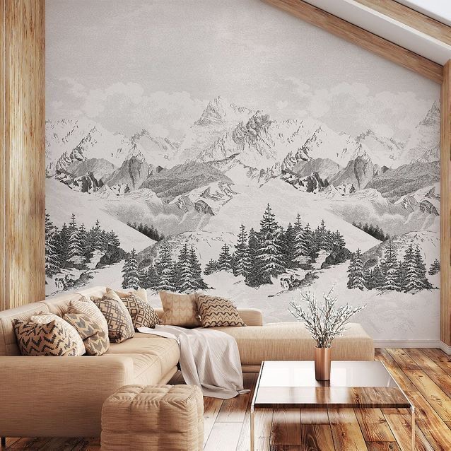 Etched mountain scenic mural on a vaulted living-room feature wall, Park City, Utah
