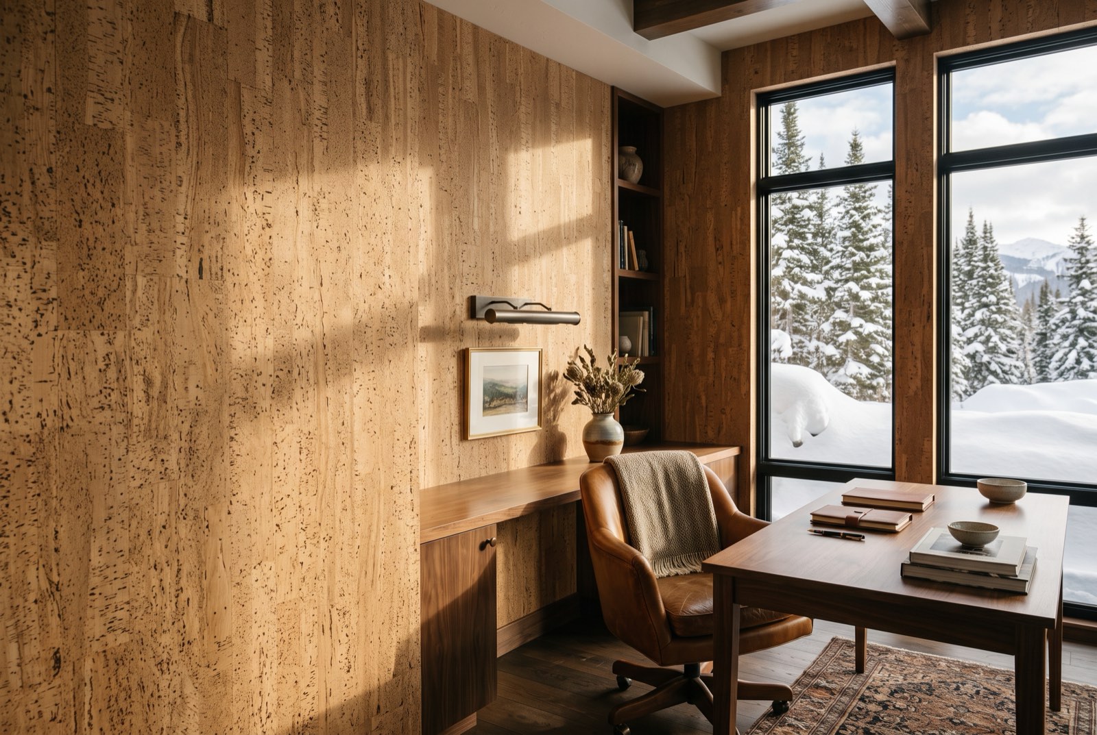 Natural sliced-cork wallcovering across a study with a walnut desk in raking light, Park City, Utah