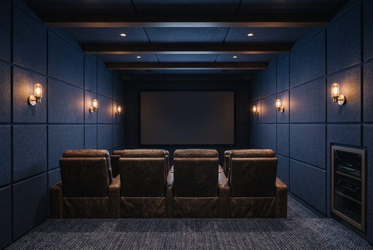 Navy felt acoustic walls and ceiling in a home theatre with brass sconces, Promontory, Utah