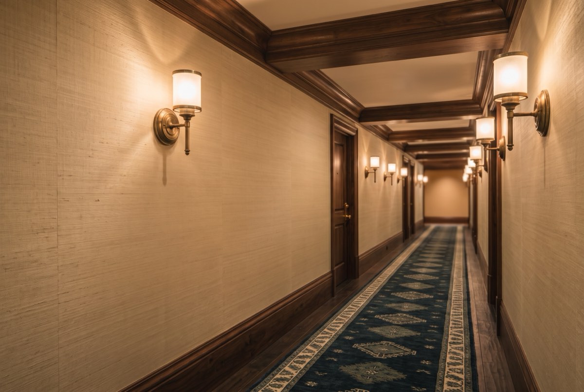 Oatmeal silk wallcovering along a boutique hotel corridor with brass sconces, Deer Valley, Utah