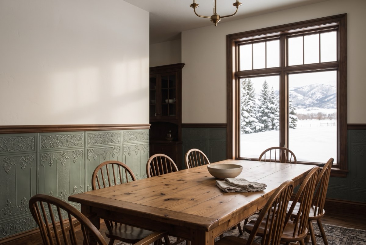 Painted embossed wainscot panels in a period dining room, Heber Valley, Utah