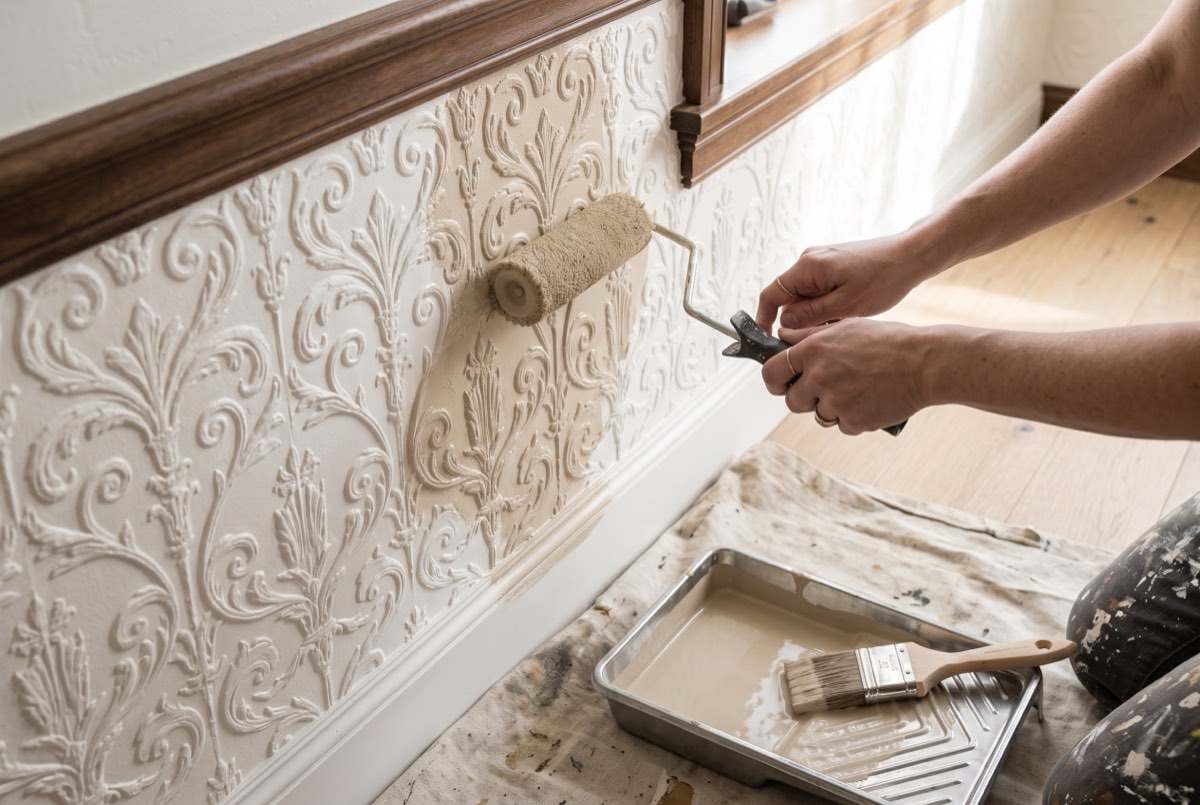 Hands painting a cured embossed wallcovering with a short-nap roller, installation, Utah