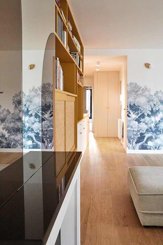 Panoramic mural running the length of a hallway in a modern home, Utah