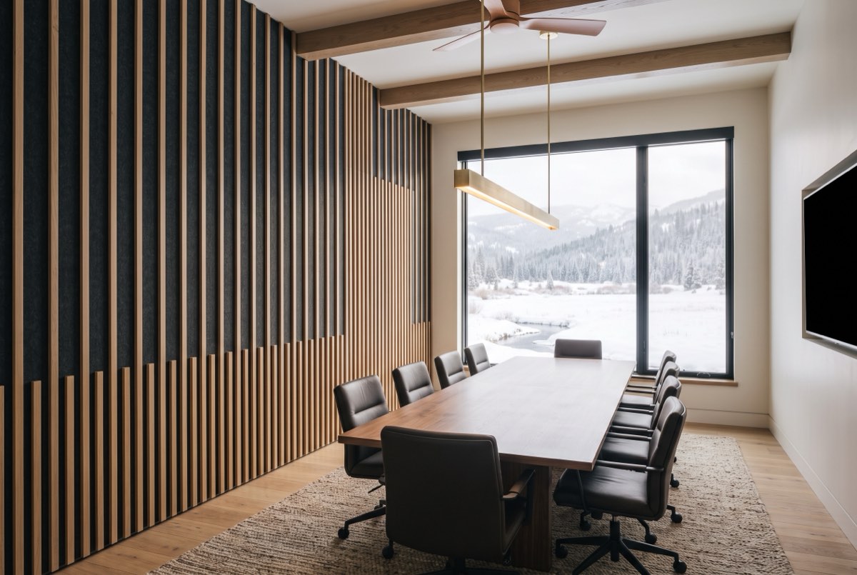 PET acoustic felt behind oak slats in a Park City conference room, Utah