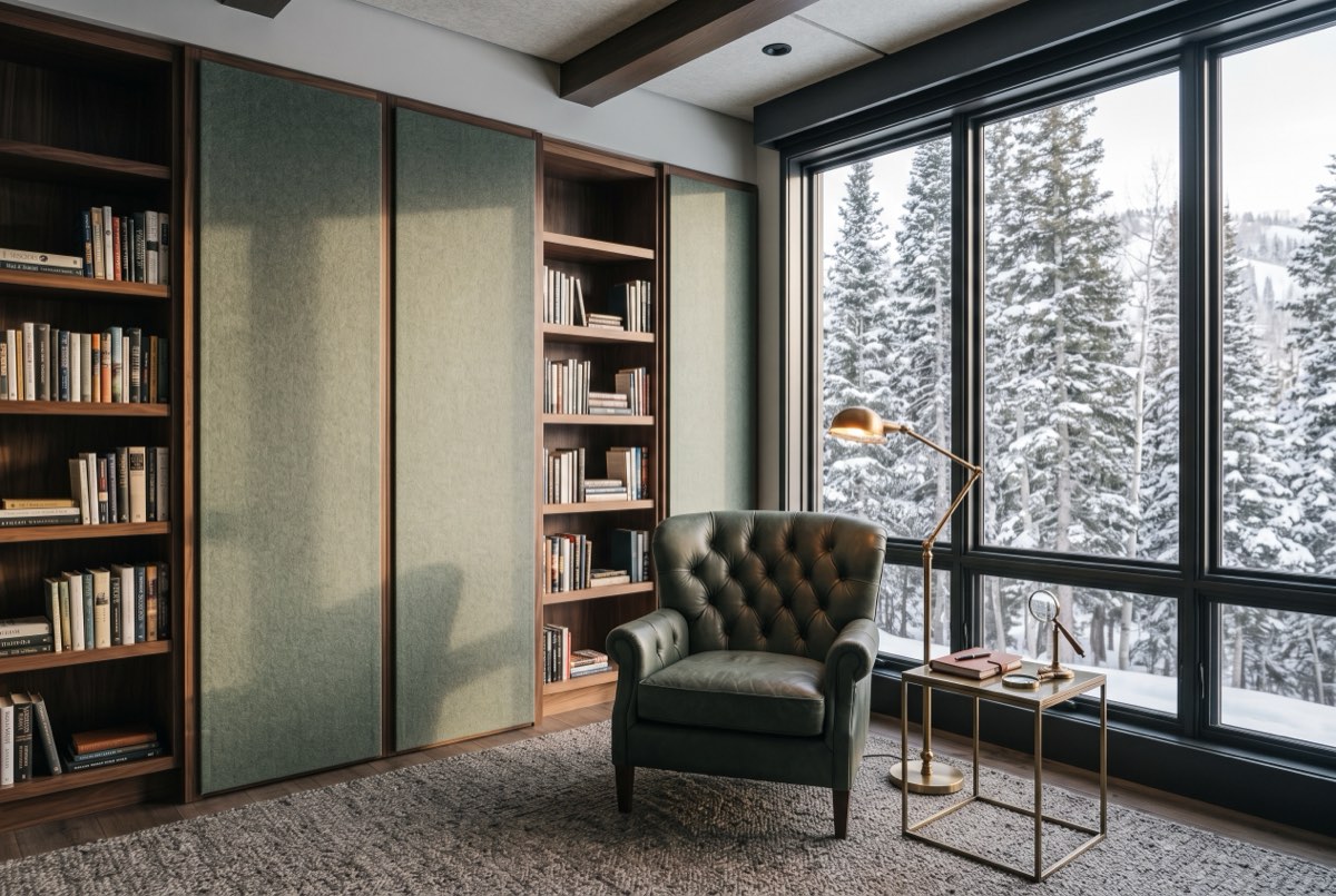 Sage felt acoustic panels between walnut shelves in a library, Deer Valley, Utah