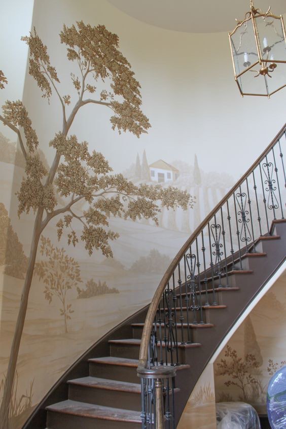 Scenic mural following a staircase in a luxury home, Utah