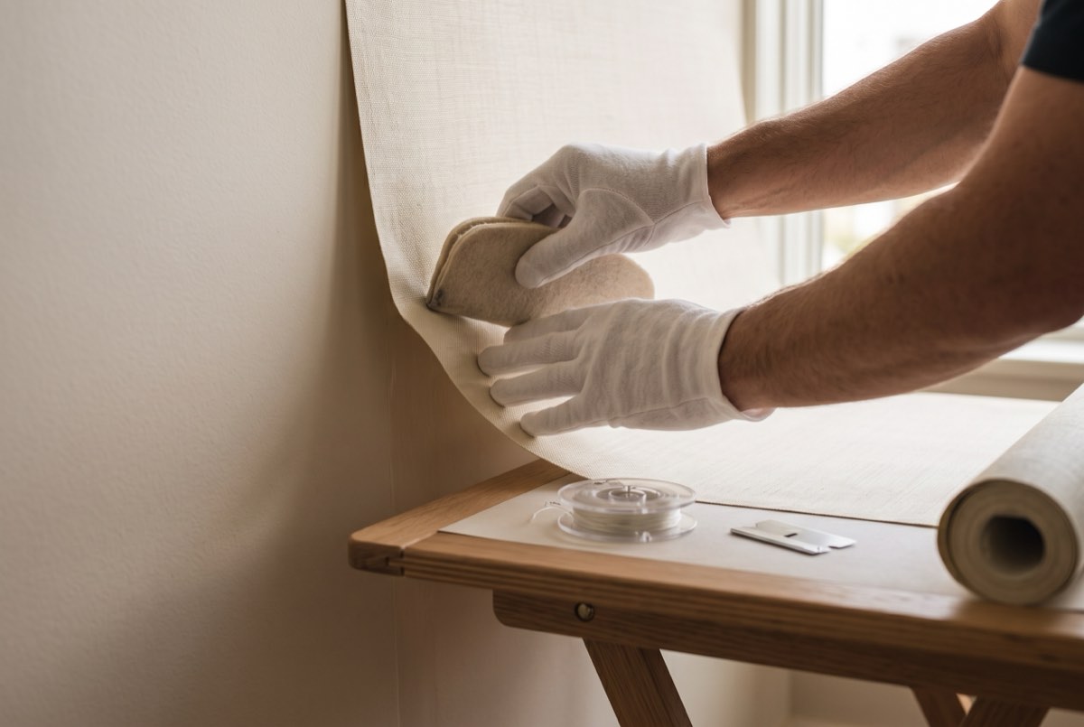 Hands in white cotton gloves smoothing a silk wallcovering panel onto a wall, Park City, Utah