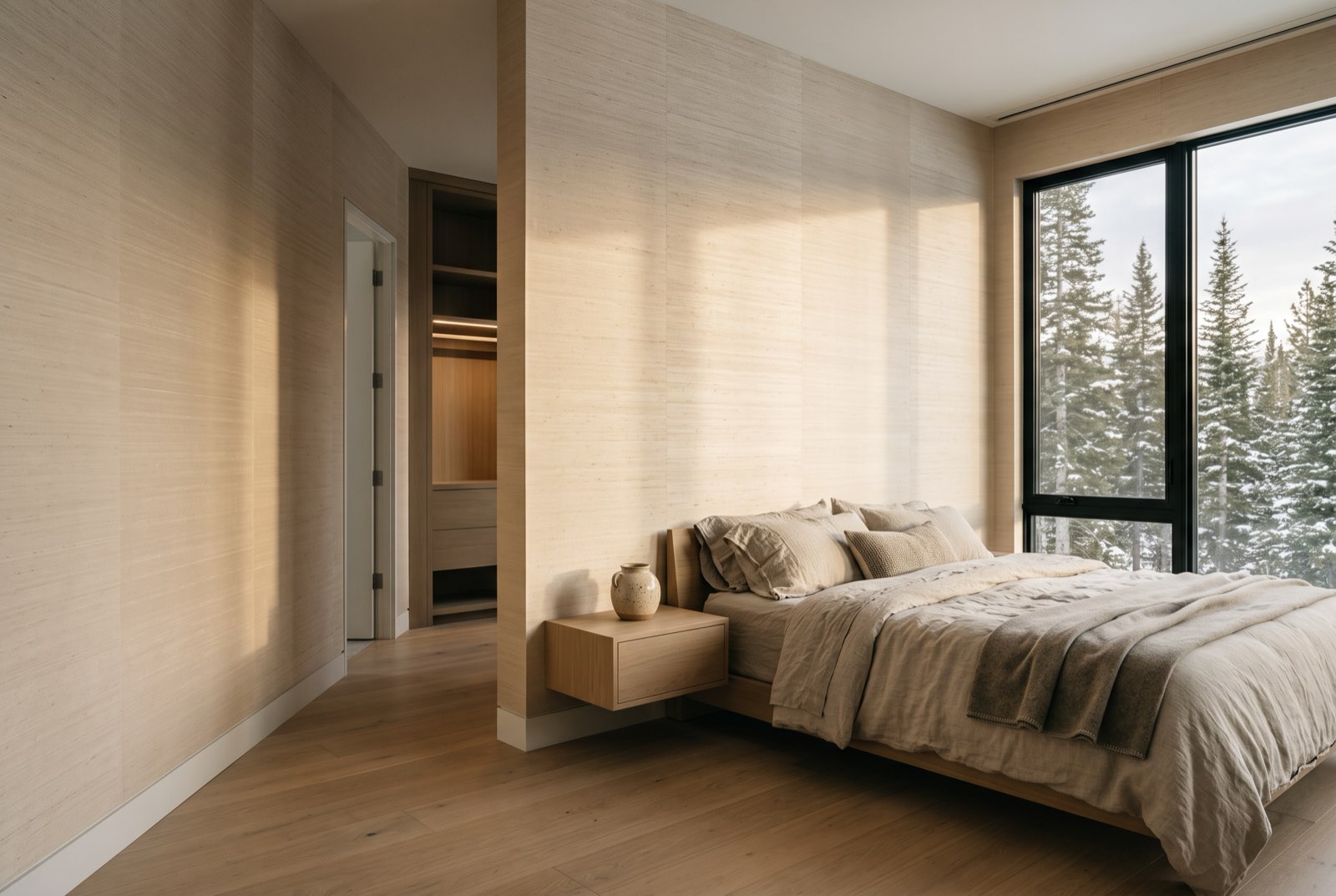 Champagne woven silk wallcovering across a primary bedroom in morning light, Park City, Utah