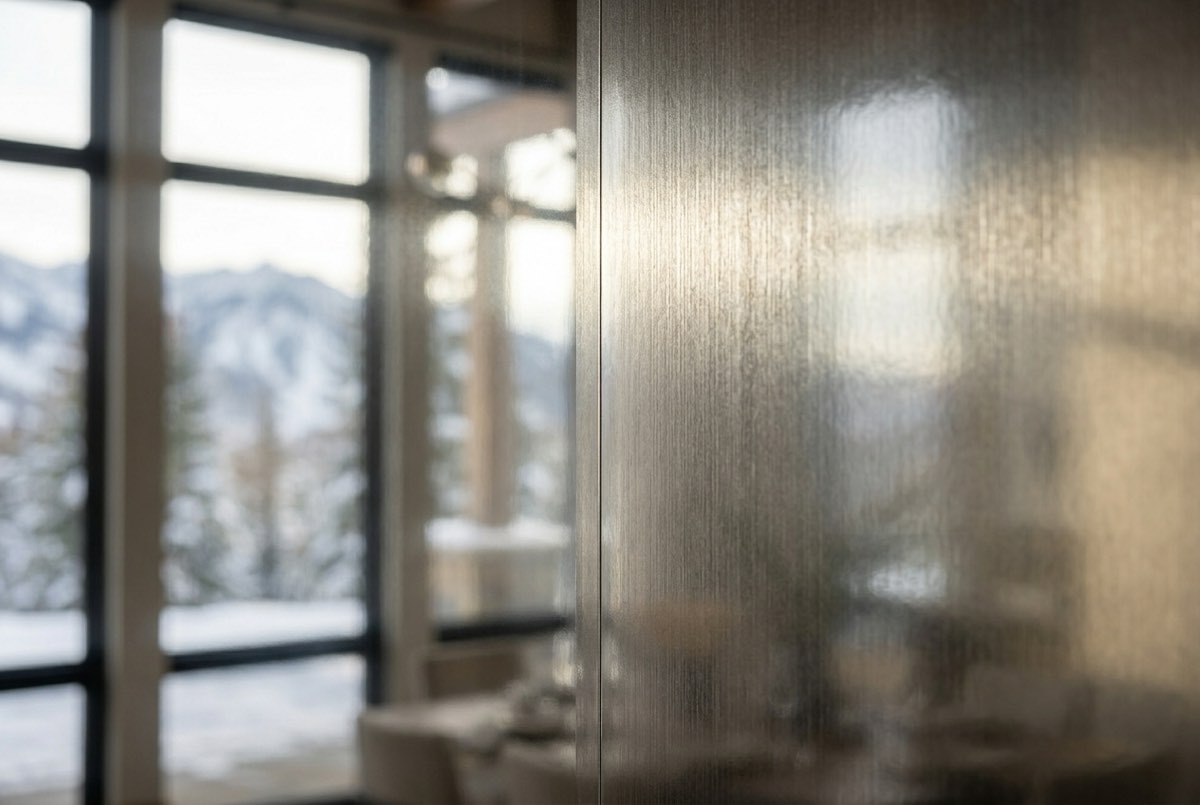 Silver foil wallcovering detail with a brushed grain and a butted seam in raking light, Park City, Utah
