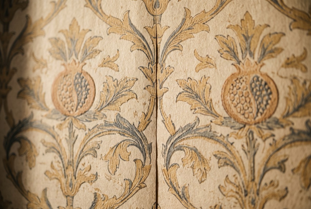 Surface-printed archival wallpaper at a butted seam, raised ink under raking light, detail, Park City, Utah