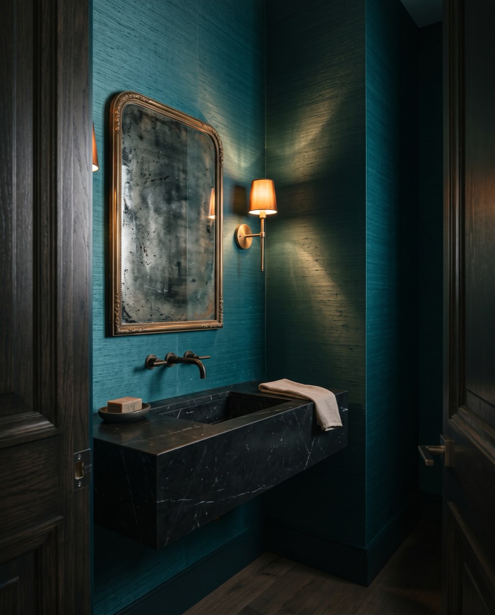 Deep teal silk wallcovering in a powder room with brass sconce and black marble vanity, Park City, Utah