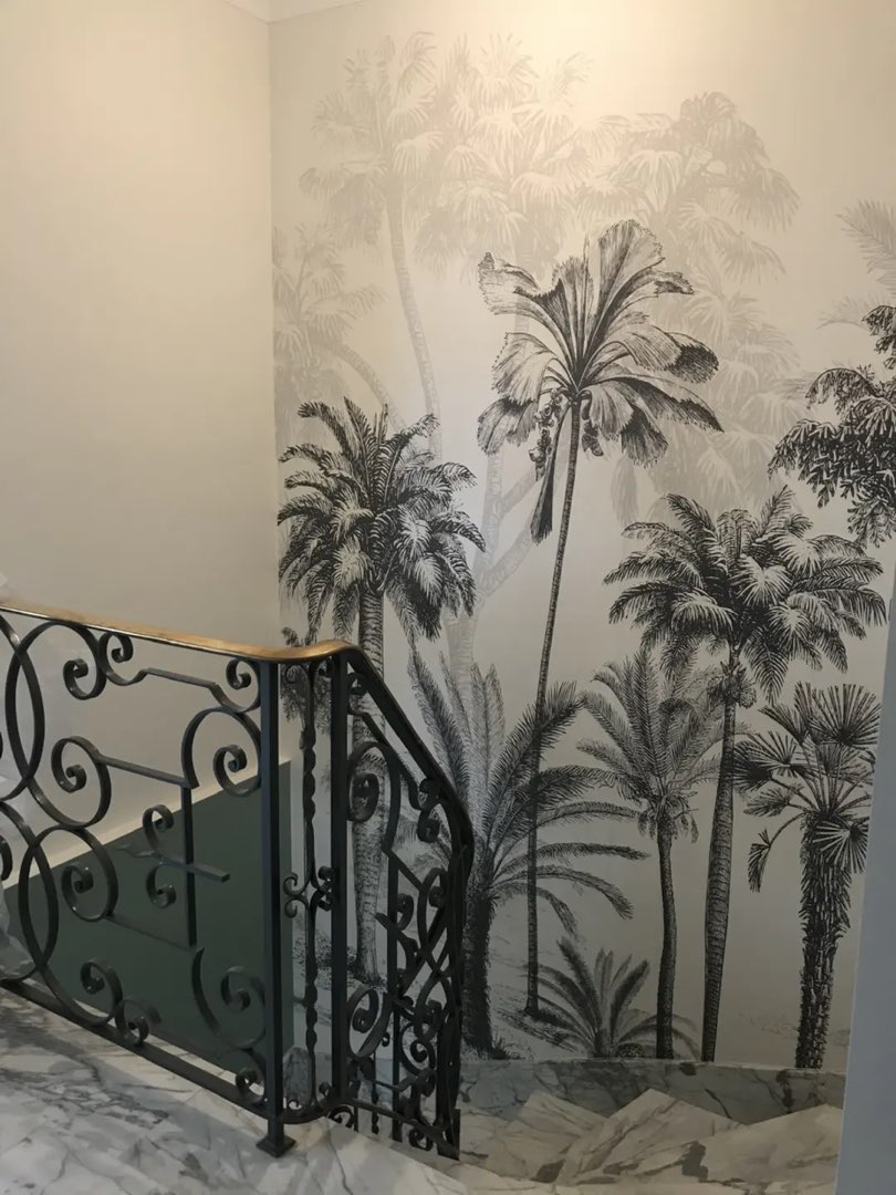 Tropical palm mural on a staircase wall, luxury home, Utah