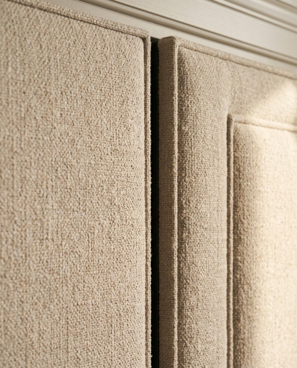 Upholstered linen wall panel corner with a self-welt and shadow gap, Park City, Utah