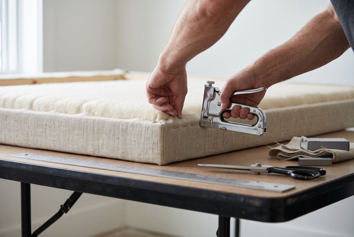 Hands stretching linen over a padded wall panel and fixing the edge with a stapler, Park City, Utah