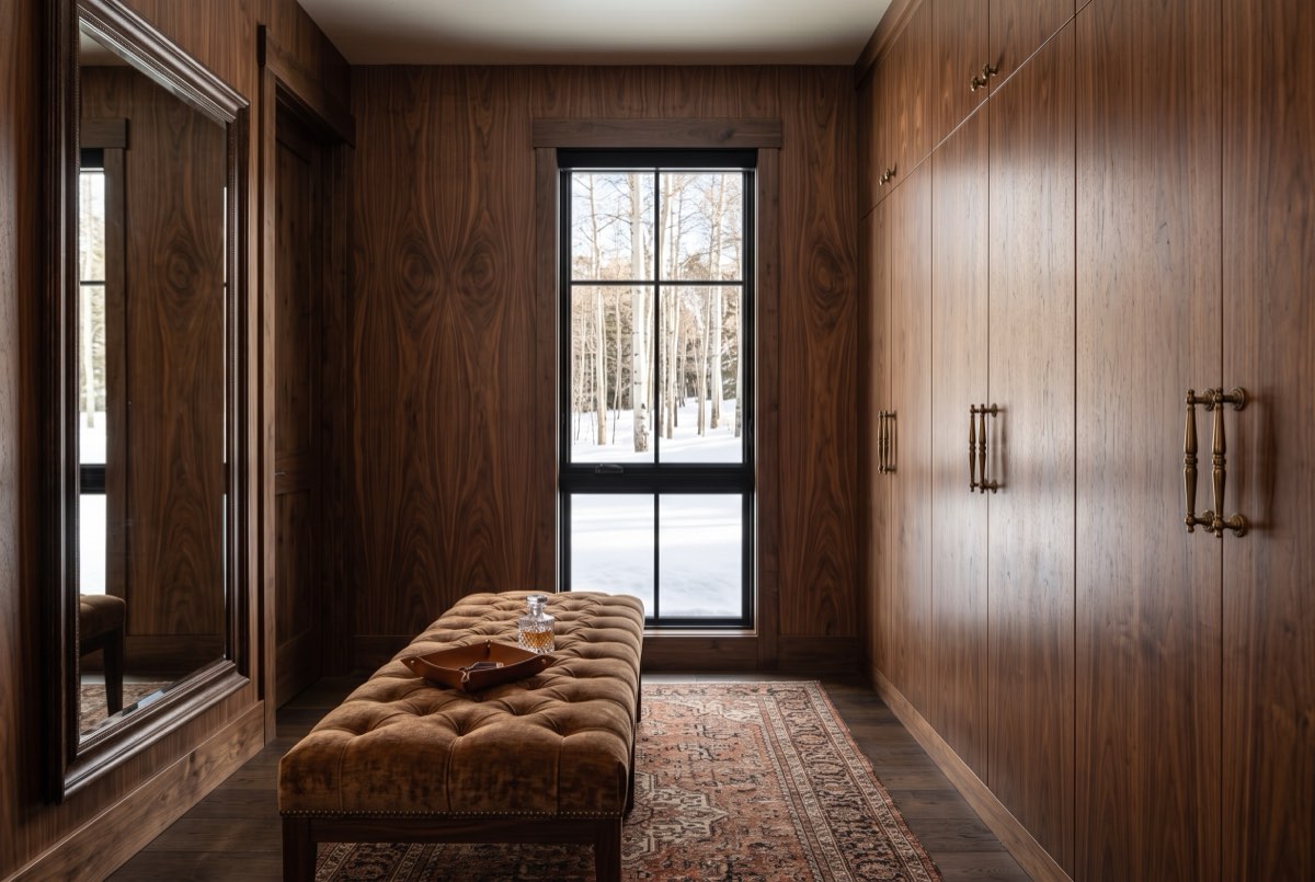 Book-matched wood veneer wallcovering across a dressing room, Park City, Utah