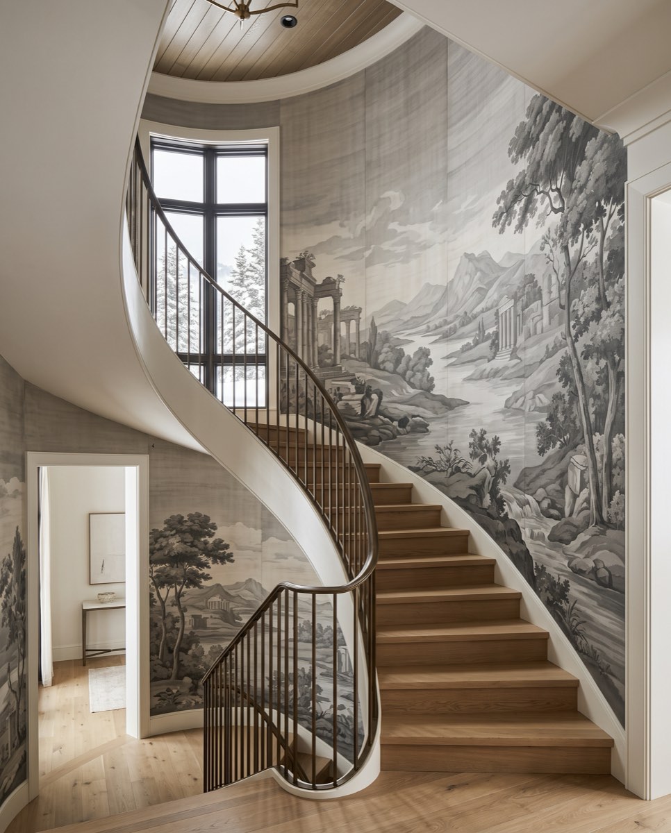Grisaille woodblock scenic panoramic panels along a curving stair hall, Park City, Utah